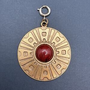 Vintage 1978 Sarah Coventry Safari Medallion Gold Tone Red Acrylic Pendant Aztec